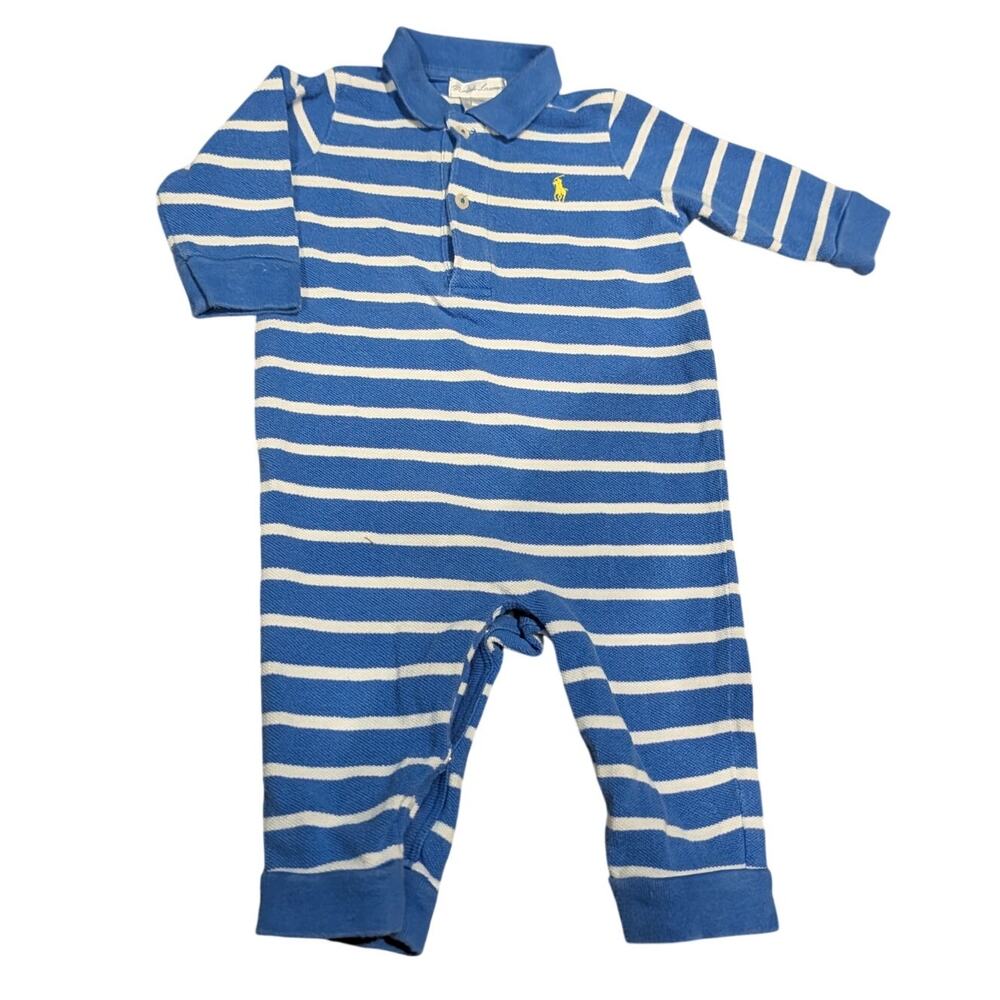 Ralph Lauren Baby Boy 9M Striped Polo Romper Coverall Yellow Pony